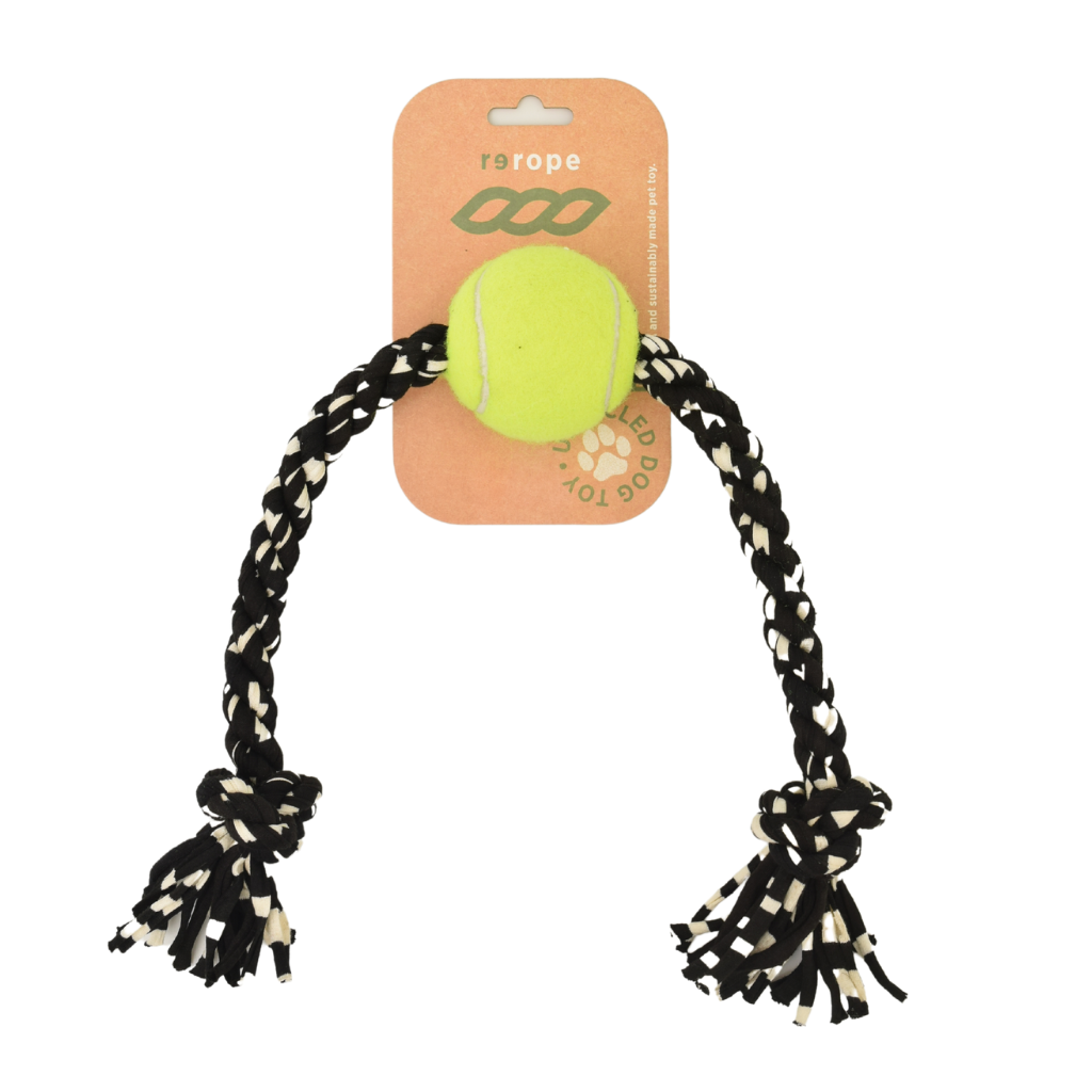 Medium Knotty with Tennis Ball Upcycled Fabric Rope Dog Toy