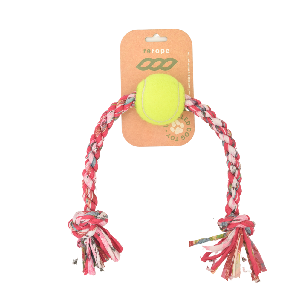 Medium Knotty with Tennis Ball Upcycled Fabric Rope Dog Toy