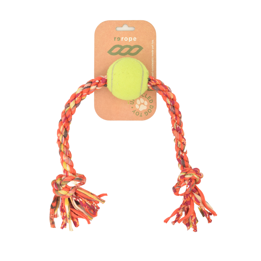 Medium Knotty with Tennis Ball Upcycled Fabric Rope Dog Toy