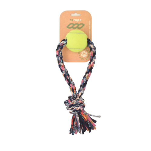 Small Looper with Tennis Ball Upcycled Fabric Rope Dog Toy