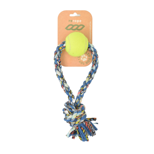 Small Looper with Tennis Ball Upcycled Fabric Rope Dog Toy