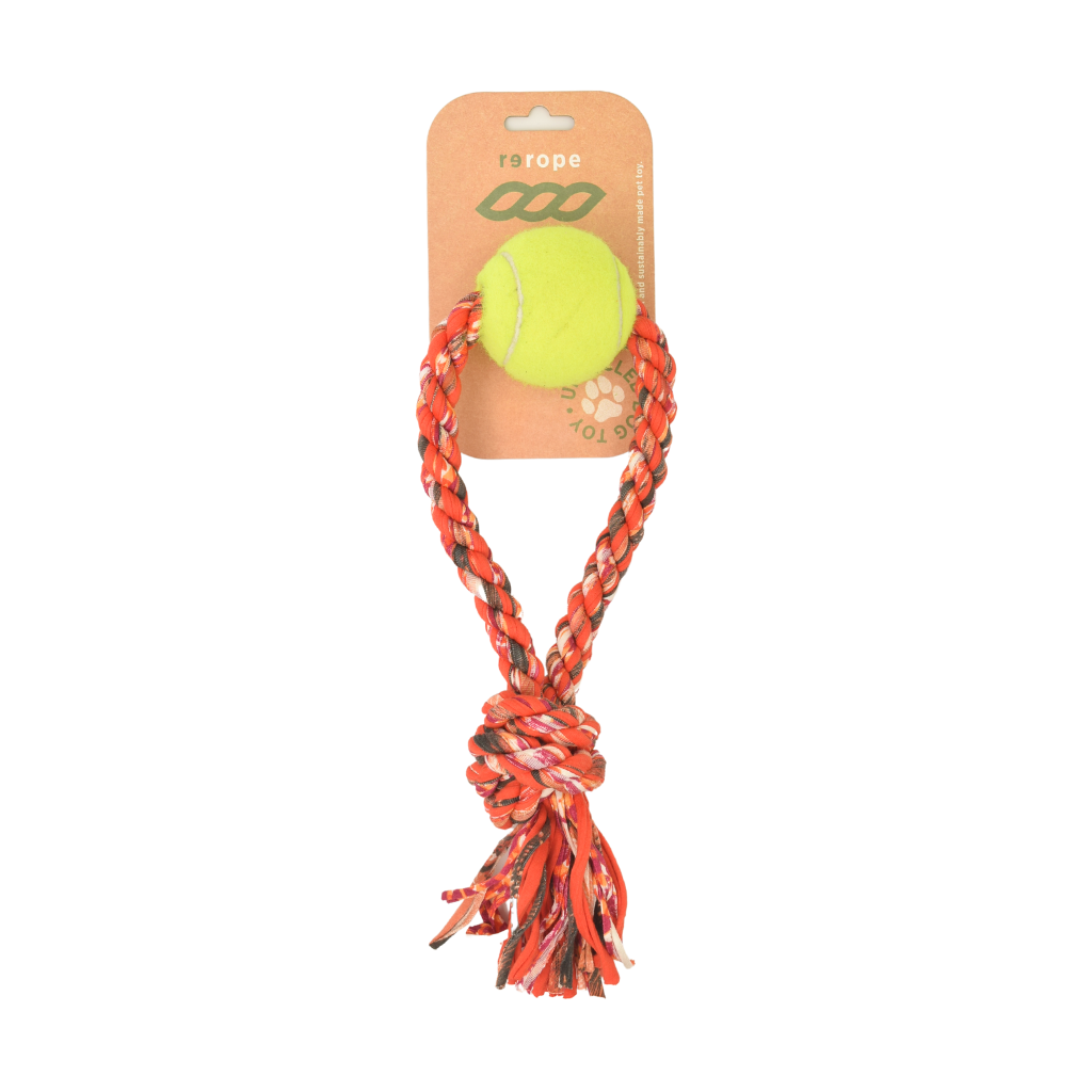 Small Looper with Tennis Ball Upcycled Fabric Rope Dog Toy