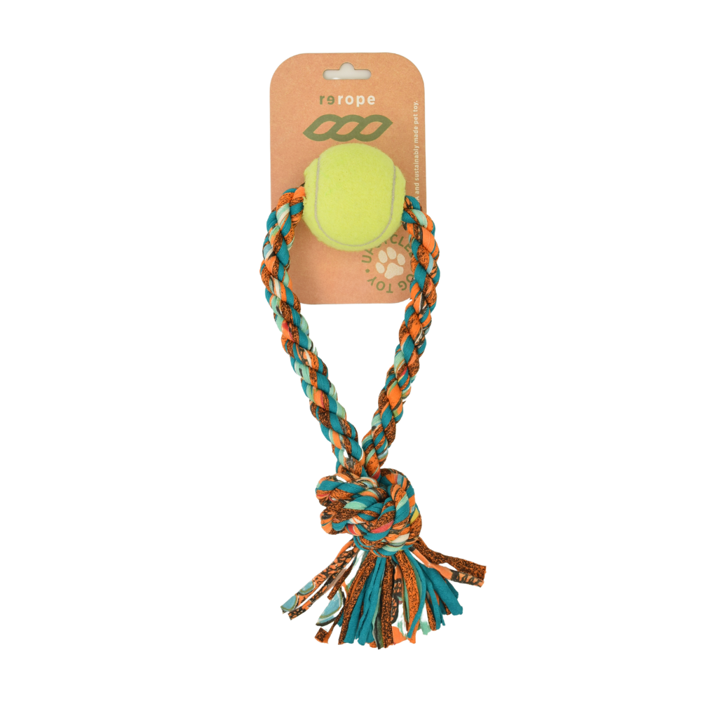 Small Looper with Tennis Ball Upcycled Fabric Rope Dog Toy